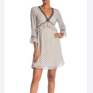 NEW Max Studio Swiss Dot Embellished Empire Dress Ruffle Sleeve V Neck X Small